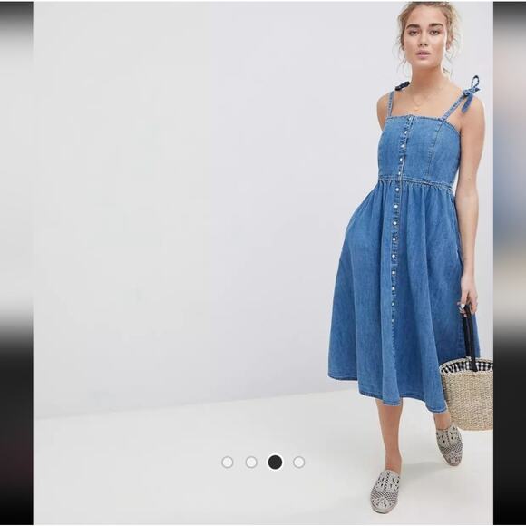ASOS Denim midi dress shoulder ties pockets heavy cotton size 8 prairie cottage - Picture 4 of 7